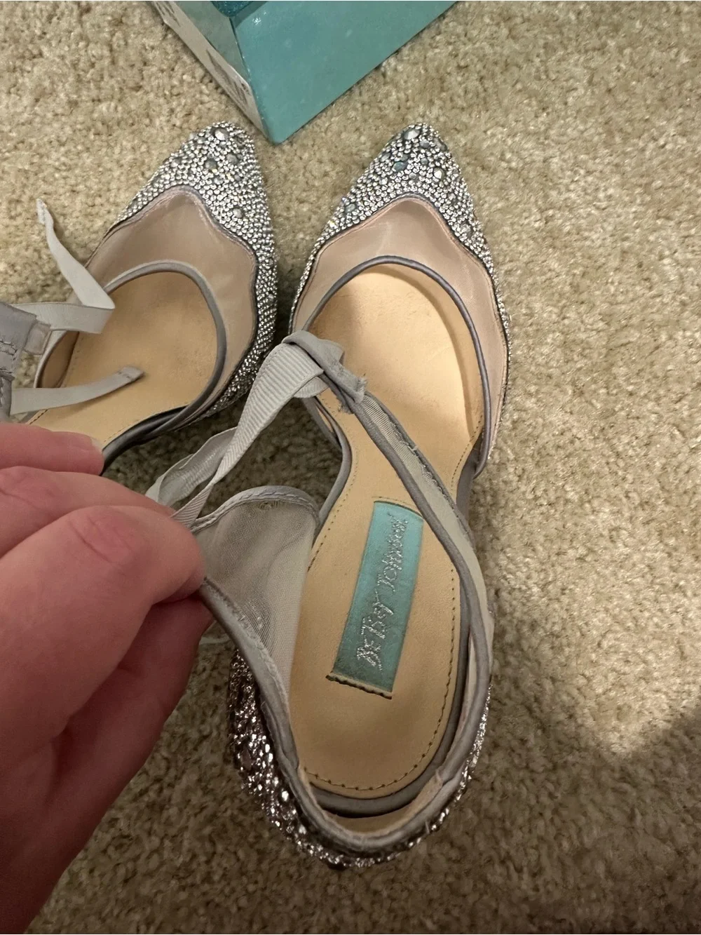Betsey Johnson Silver Crystal-Embellished Pointed-Toe Lace-Up Heels